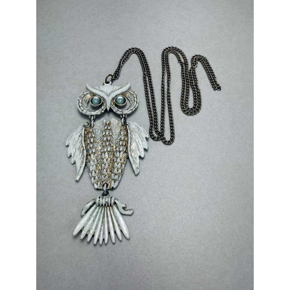 Vintage Articulated Owl Pendant Necklace Blue Eyes Enamel Metal
